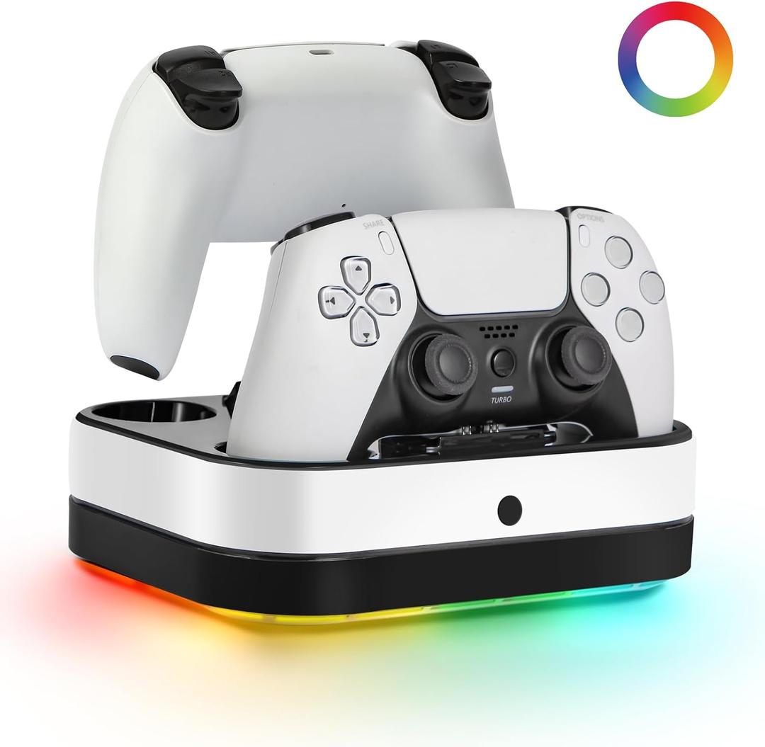 Puning PS5 Controller Charger Station,Fast Charging Dual PS5 Controller Stand Compatible with PlayStation 5 Dualsense Edge Gamepad & 9 RGB LED Lights and Cable