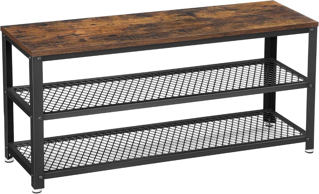 VASAGLE 3-Tier Shoe Rack, Storage Bench with Metal Mesh Shelves and Seat, 39.4"W x 17.7"H