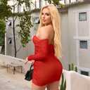 XXTAXN Women's Fall Long Sleeve Mesh Ruched Party Cocktail Mini Bilayer Bodycon Dress Red (Red, S)