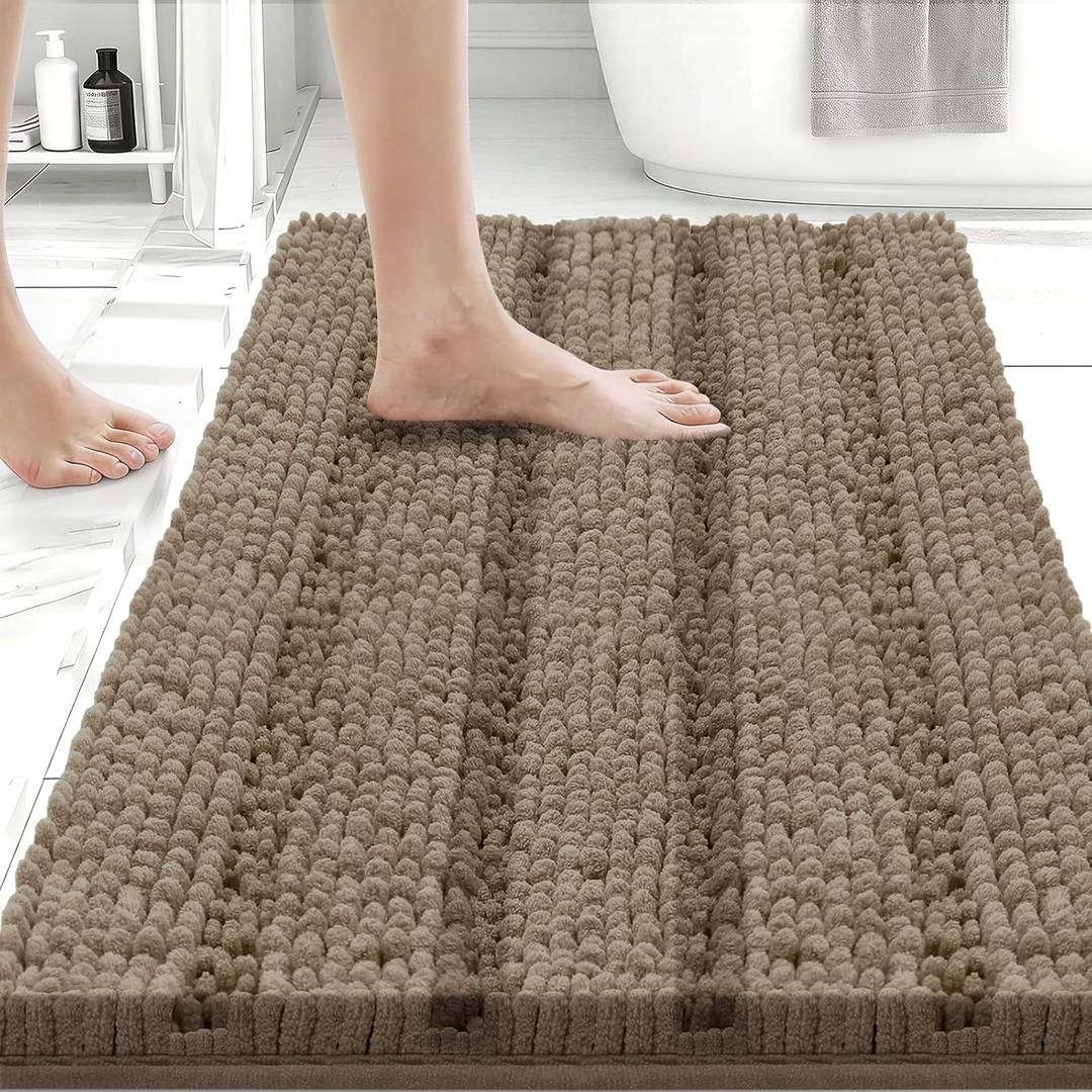 Bcoimo 24"17" Chenille Bath Mat  Non-Slip with Backing Bath Rug Ultra-Absorbent and Machine Washable Bathroom Mat Quick-Dry Design. Ideal for Bathroom and Tub Areas (Khaki)