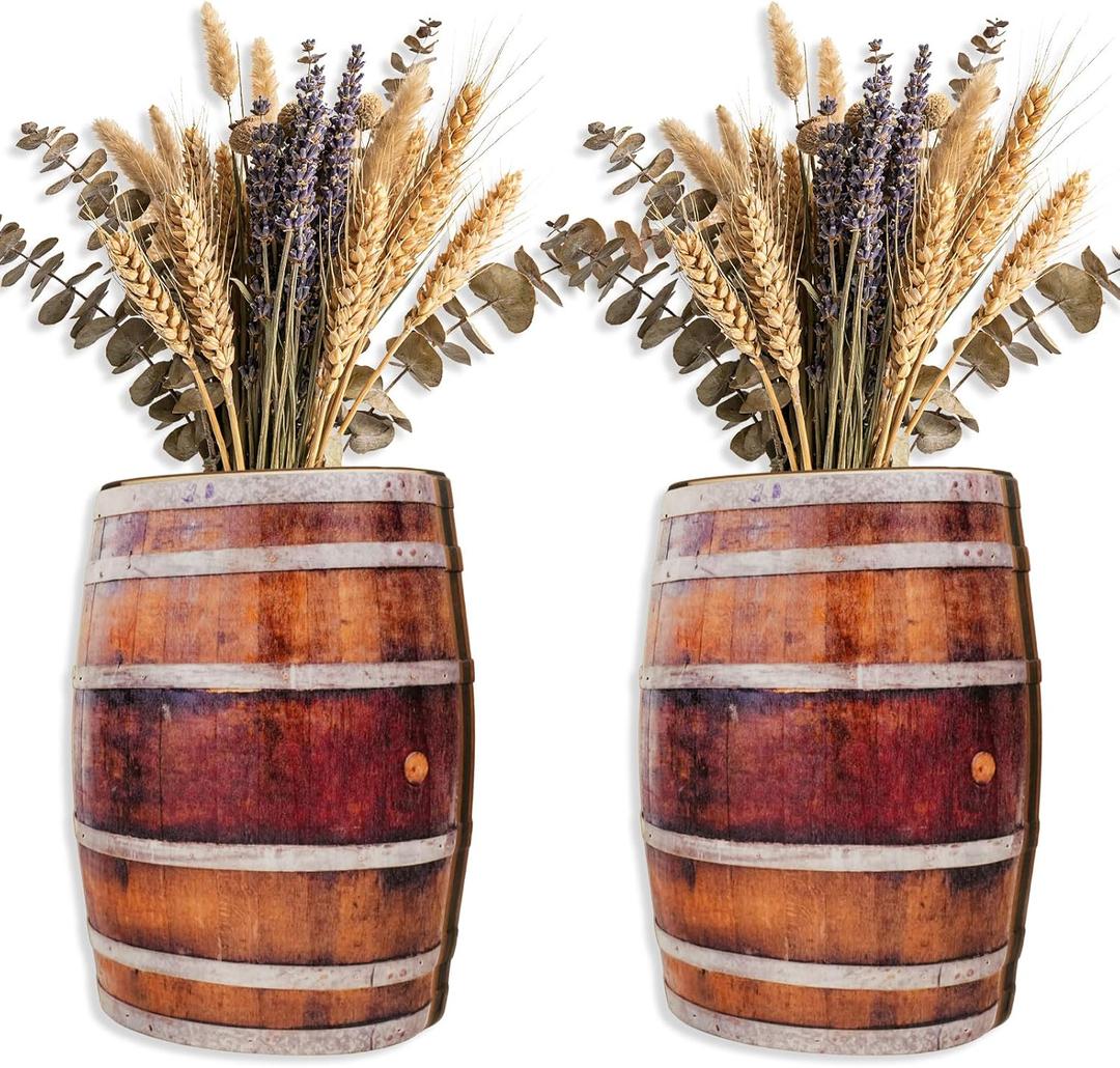 Set of 2 Wood Wall Vases, Vintage Barrel Hanging Planters for Indoor Plants - Farmhouse & Western Wall Decor, Rustic Wooden Home Decor for Living Room, Western Boho Room Decor