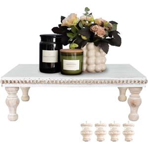 MAONAME Wood Display Risers Decorative tray, Farmhouse Pedestal Stand for Display Home Decor, Vintage White Beaded Wooden Tray for Kitchen Counter, Short and Tall Footed