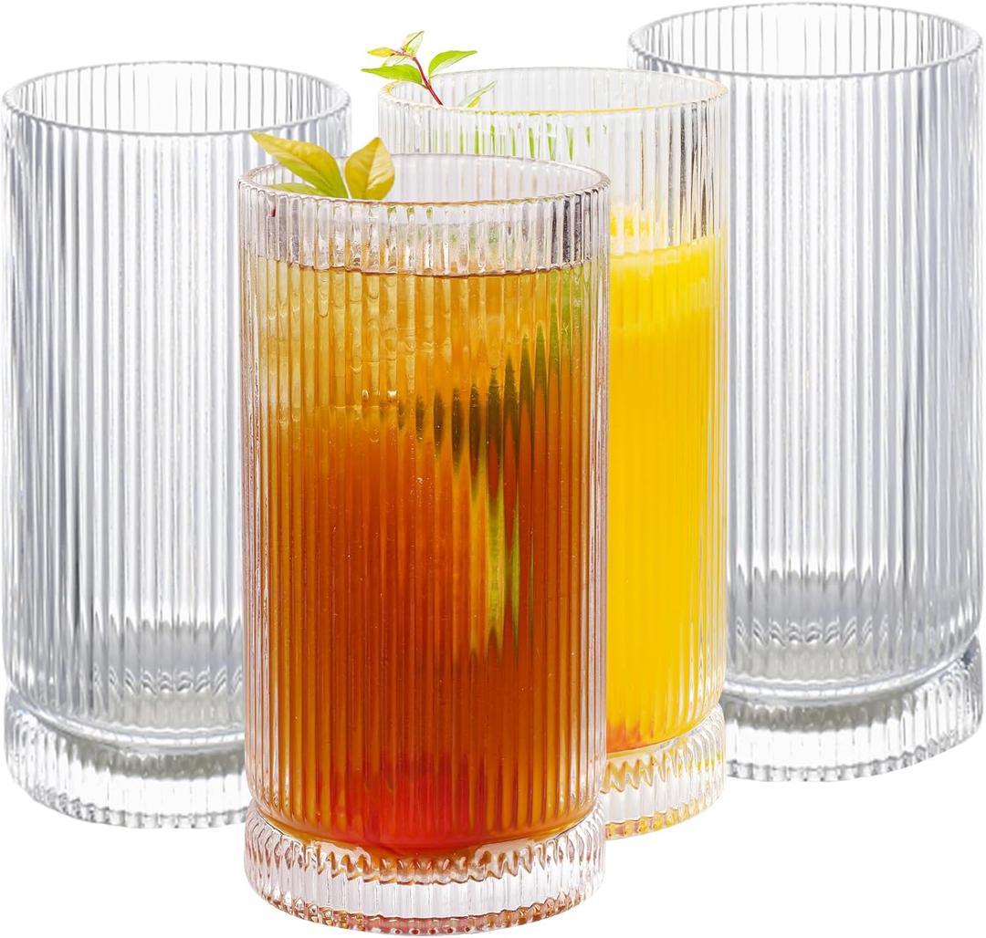 Vintage Ribbed Glassware Set, 16oz Drinking Glasses, Origami Style Set of 4, Fluted Design, Ideal for Water, Iced Coffee, Juice, Beer, Milk, Gift (16oz)