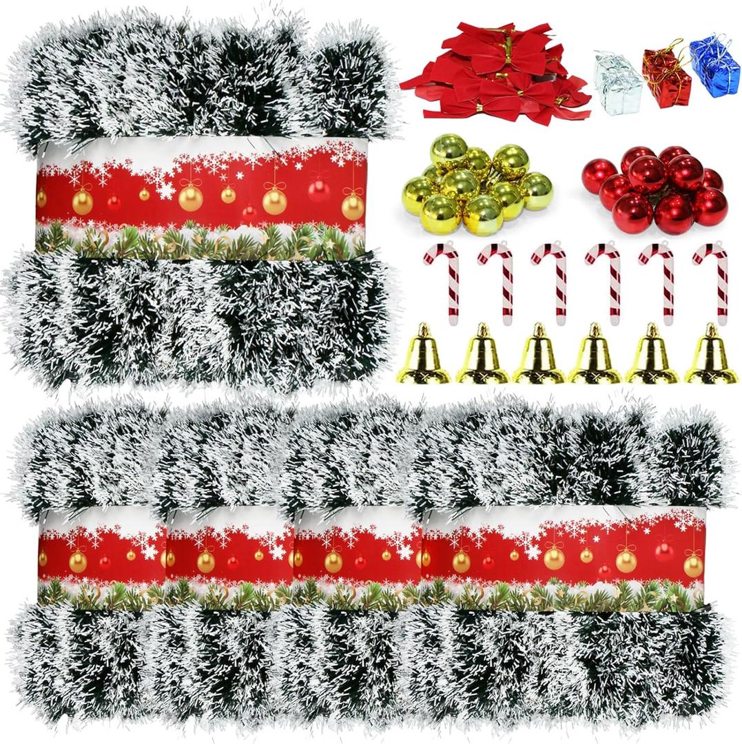 5 Pack 250Ft Greenery Garland with Snow, Dark Green Snowflake Dots, Artificial Christmas Pine Streamers for Indoor/Outdoor Decorations