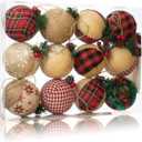 12 Pcs Burlap Christmas Ball Ornaments, 3.15 Inches Rustic Buffalo Plaid Christmas Tree Ornaments, Natural Jute Farmhouse Decorations for Xmas Tree, Holiday, Party