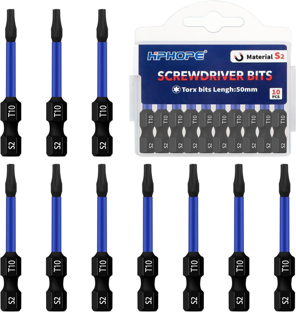 HPHOPE T10 Screwdriver Bit Set 10Pcs, Torx Bits T10, 1/4" Hexagon Bit, Length: 50mm