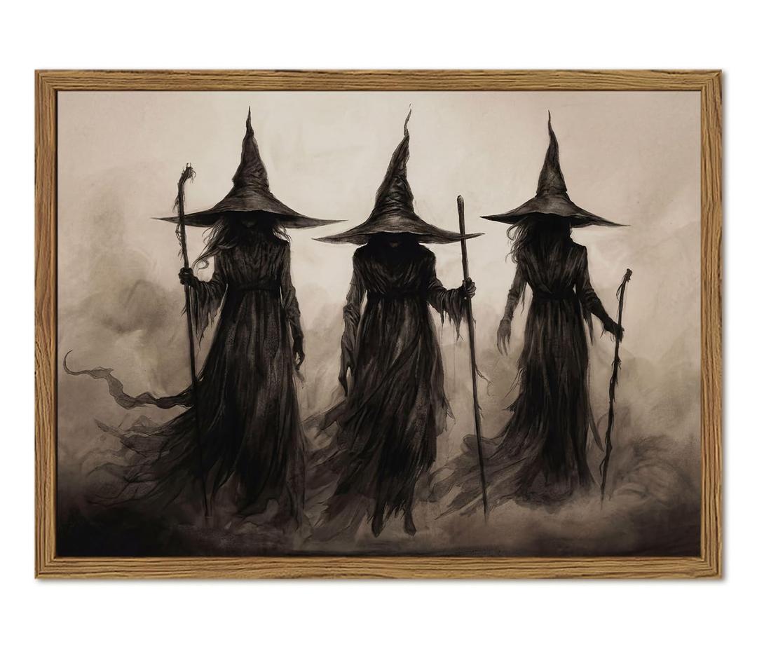 Vintage Framed Witch Halloween Wall Art, Gothic Three Witches Wall Decor, Dark Academia Canvas Print, Rustic Macabre Picture Poster Painting for Bedroom Living Room Spooky Fall Decor 16x24in