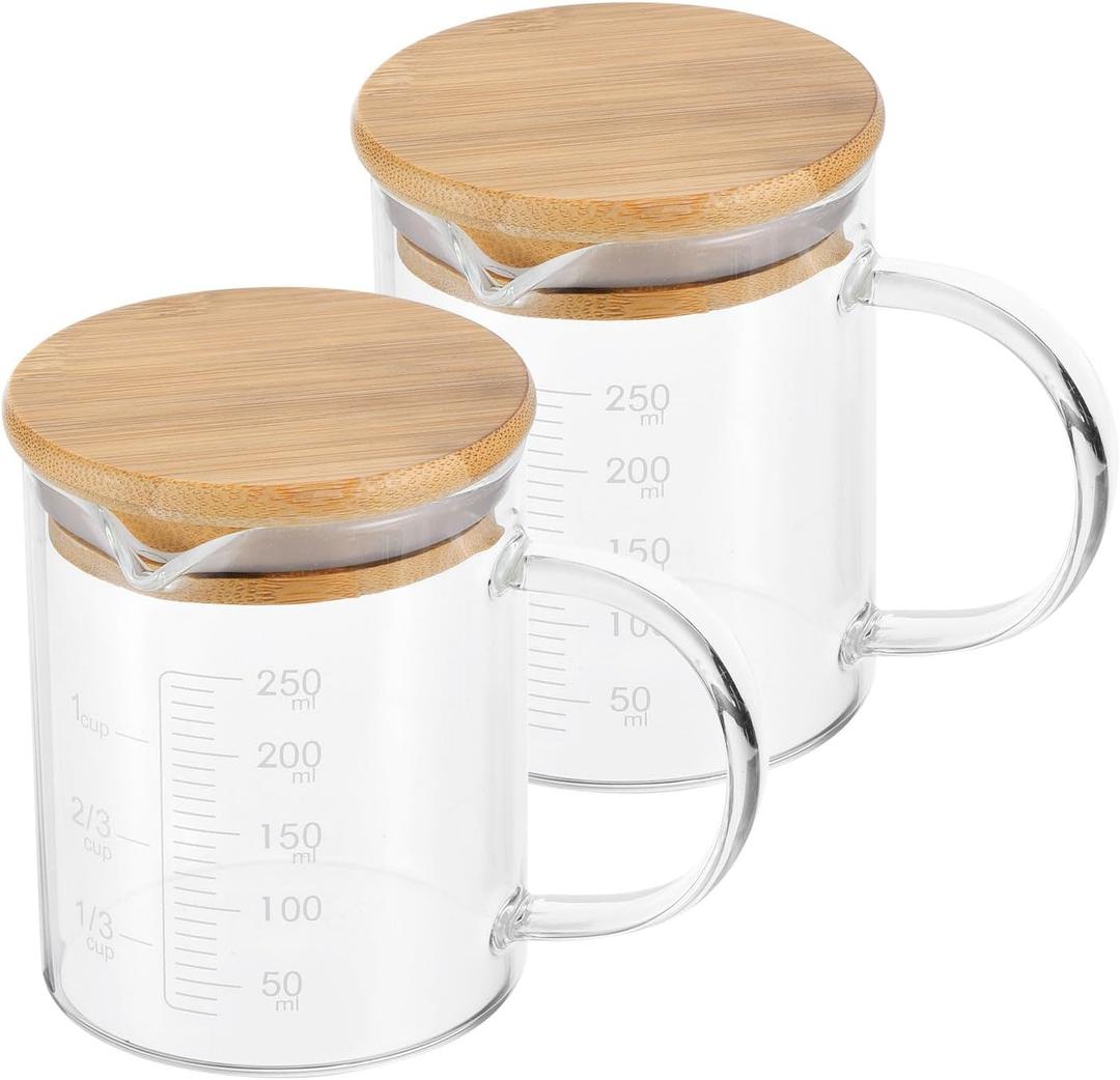 PATIKIL 250ml Glass Measuring Cup, 2 Pack 3.3 Borosilicate Glass Graduated White Printed Scale Liquid Measure Cups Beaker with Wood Lid and V-Shaped Spout for Kitchen