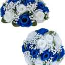 BLOSMON Fake Flowers Ball Wedding Centerpieces 2 Pcs Royal Blue Rose Babys Breath Artificial Flower Center Pieces Decoration for Table Faux Silk Floral Bouquet Arrangements for Home Party DIY Decor