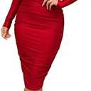 Women's Sexy Deep V Neck Off Shoulder Ruched Bodycon Long Sleeve Midi Dress Evening Party Cocktail Dress, S