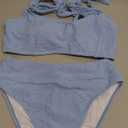 Blooming Jelly Womens High Waisted Bikini Set Tie Strap Jacquard Terry Cloth 2 Piece Swimsuit Modest Cute Retro Bathing Suit (Large, Sky Blue)