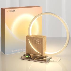 Vivilumens Sunrise Alarm Clock for Heavy Sleepers Adults, Wake-up Light, Sleep Aid 10 White Noise Sound Machines with 30/60/90 Timer, 3 Level Dimmable Touch Table Lamp with Snooze USB Charger Port (Wood Grain)