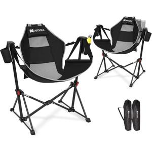 AKSOUL Hammock Camping Chair Swinging: Aluminum Alloy Adjustable Back Swinging Chair, Folding Rocking Chair with Pillow Cup Holder, Recliner for Outdoor Travel Sports Games Lawn Concerts Backyard (2 PCS), Classic Back 