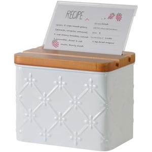 HOME PALETTE Recipe Box with Cards and Dividers Set 4x6 Recipe Holder for Kitchen Counter Metal White Floral Pattern Embossed Recipe Card Box with Wooden Grooved Lid