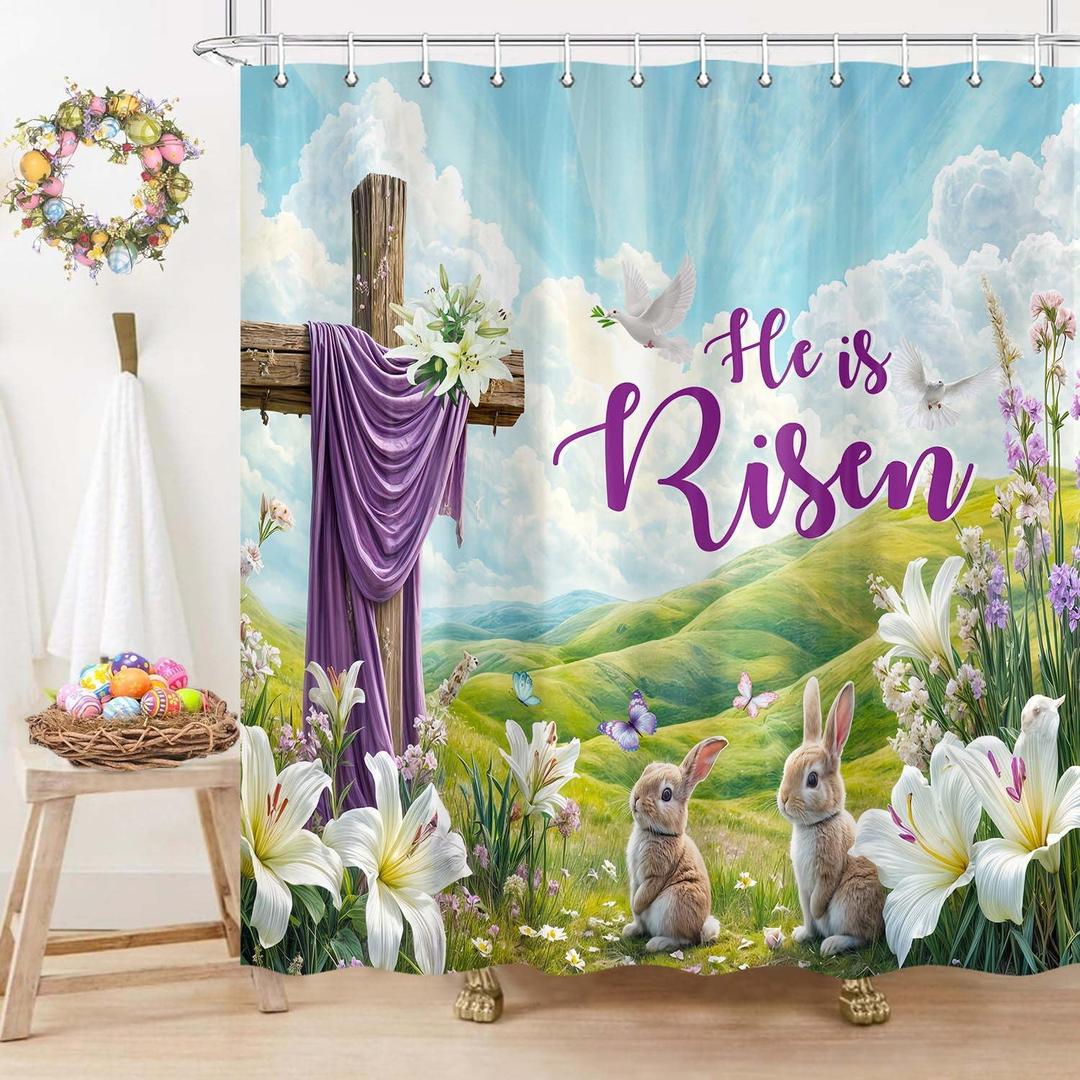 Spring Easter Shower Curtain, Christian He is Risen Cross Lily Bunny Shower Curtain for Bathroom, Jesus Resurrection Cross Seasonal Holiday Decor Bathtub Curtains Set with Hooks 69X70IN (Blue)
