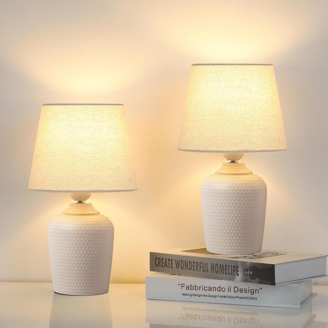 Sucolite Small 11.8'' Table Lamps Set of 2, Bedside Nightstand Lamps for Bedroom Kids Room, Cute Desk Lamps with Studded Texture Base for Reading Nursery Living Room Office, Cream