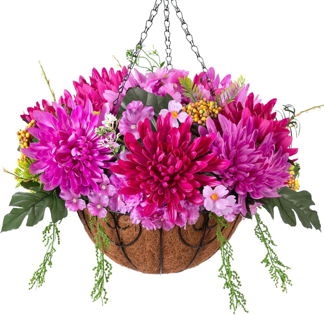 HyeFlora Artificial Mums Flowers Baskets for Outside Decoration, Fake Hanging Silk Fuchsia Flower, Faux Chrysanthemum Summer UV Resistant Realistic for Porch Yard Autumn Decor
