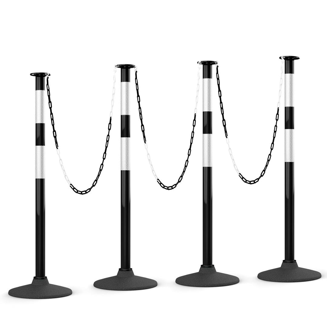 HiGiant 4 Pack 34 Inches Traffic Delineator Posts with Weighted Rubber Base, Portable Black Safety Posts Cones with Reflective Collars and 15 Ft Plastic Chains for Parking Lot, Construction Work