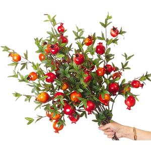 3Pcs Artificial Pomegranate Branches, Red Berry Stems Pomegranate,Fake Plant Stem Fake Fruit with Leaves Pomegranate Berries Branches Lifelike Props Vase Home Party Wedding Decoration (Style A)