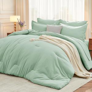 MUXHOMO 7 Pieces California King Comforter Set, Soft Bed in a Bag Cal King Size, All Season Bedding Set with Comforter, Flat Sheet, Fitted Sheet, Pillowcases & Shams, Sage Green