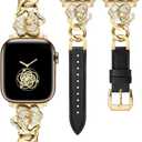 Minyee Compatible with Apple Watch Band 41/40/38/44/45/46/49/42mm Women, Dressy Slim Elegant Leather Metal Link Chain Strap with Bling Camellia Charms for iWatch Ultra 2 Series 10/9/8/7/6/5/4/3/2/1/SE (Black/Gold)
