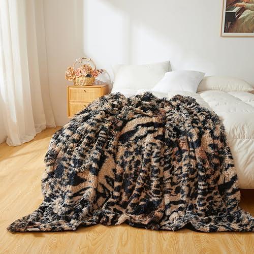 XeGe Fluffy Faux Fur Leopard-Tiger Patchwork Print Blanket, Comfy Plush Fuzzy Bed Throw, Cheetah Print Shaggy Big Blanket Bedroom Living Room, Aesthetic Decorative Furry Throw, Brown and Black, 60x90