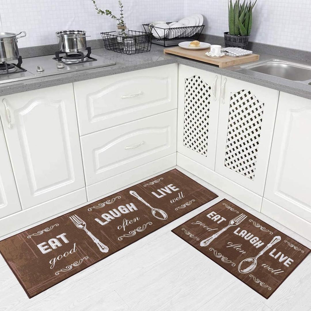 Carvapet 2 Piece Kitchen Rug Set Non-Slip Backing Mat Throw Rug for Kitchen Doormat Runner Rug Set, Motto Design, Coffee (17"x48"+17"x24")