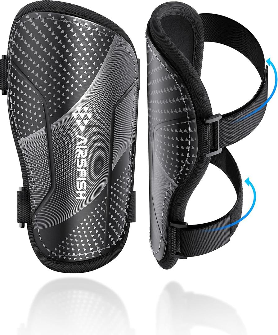 Shin Guards Soccer Kids Youth, CE Certified Airsfish Shin Guard Protection Gear for 2-18 Years Old Boys Girls Teenagers High Impact Resistant Breathable Comfortable 1 Pair 4 Sizes (Medium, Black)