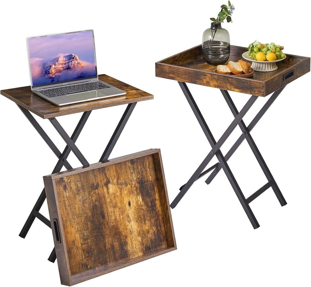 IBUYKE Foldable TV Tray Set of 2 TV,End Table with Removable Food Serving Tray,Portable Wooden Snack Table for Livingroom, Bedroom, Office, Camping,Rustic Brown, UTVT001H (Rustic Brown)
