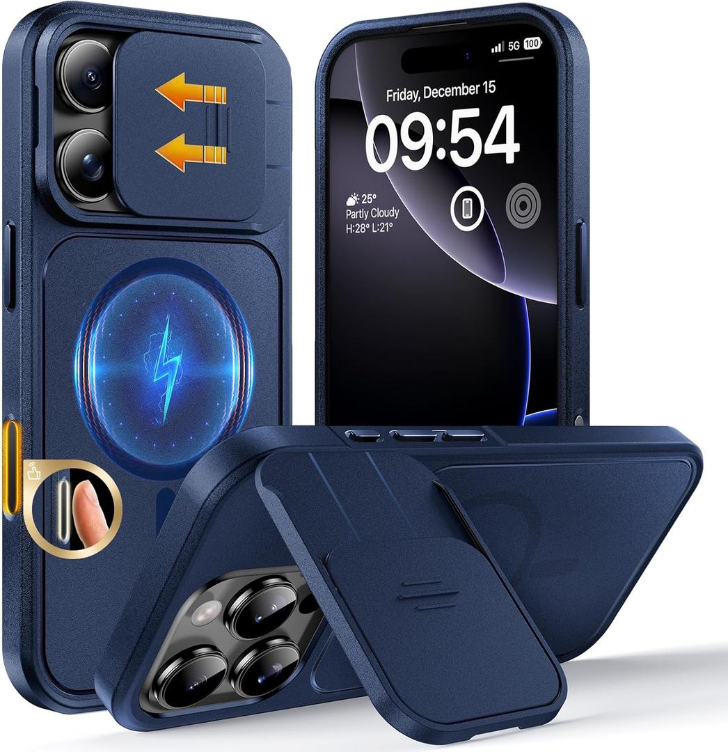 TOCOL for iPhone 16 Pro Max Case with Slide Camera Cover, Kickstand and Camera Control Button, Fit for MagSafe, Rugged Solid Phone Case, Non-Slip, Drop Protection, Blue
