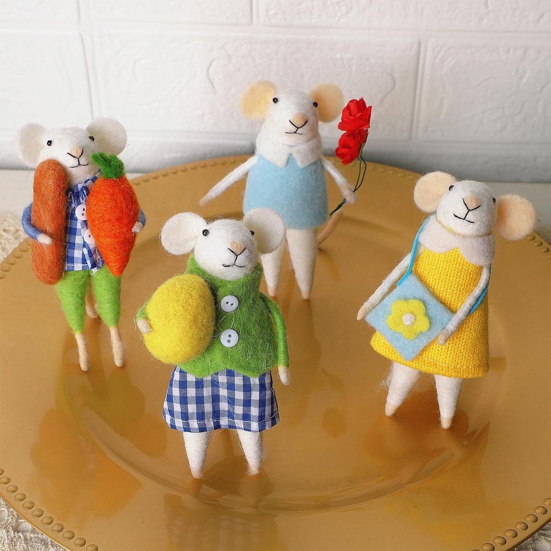 Set of 4 Easter Felt Mice Ornaments, 4.5" Hanging Wool Mouse Animal Figurine for Spring Gift, Tiered Tray Tabletop Decor, Easter Basket Filler Spring Home Kitchen Room Window Party Supply