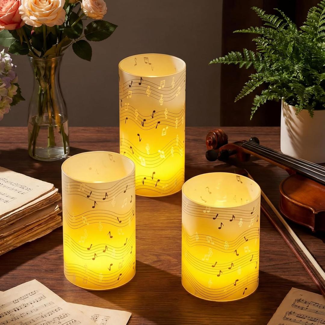 Baquler 3 Set Music Notes Votive Flameless Candles Music Themed Lampshade with LED Tea Lights Candle Black and Wihte Musical Candle Decorations for Wedding Musical Theme Tabletop Home Decor