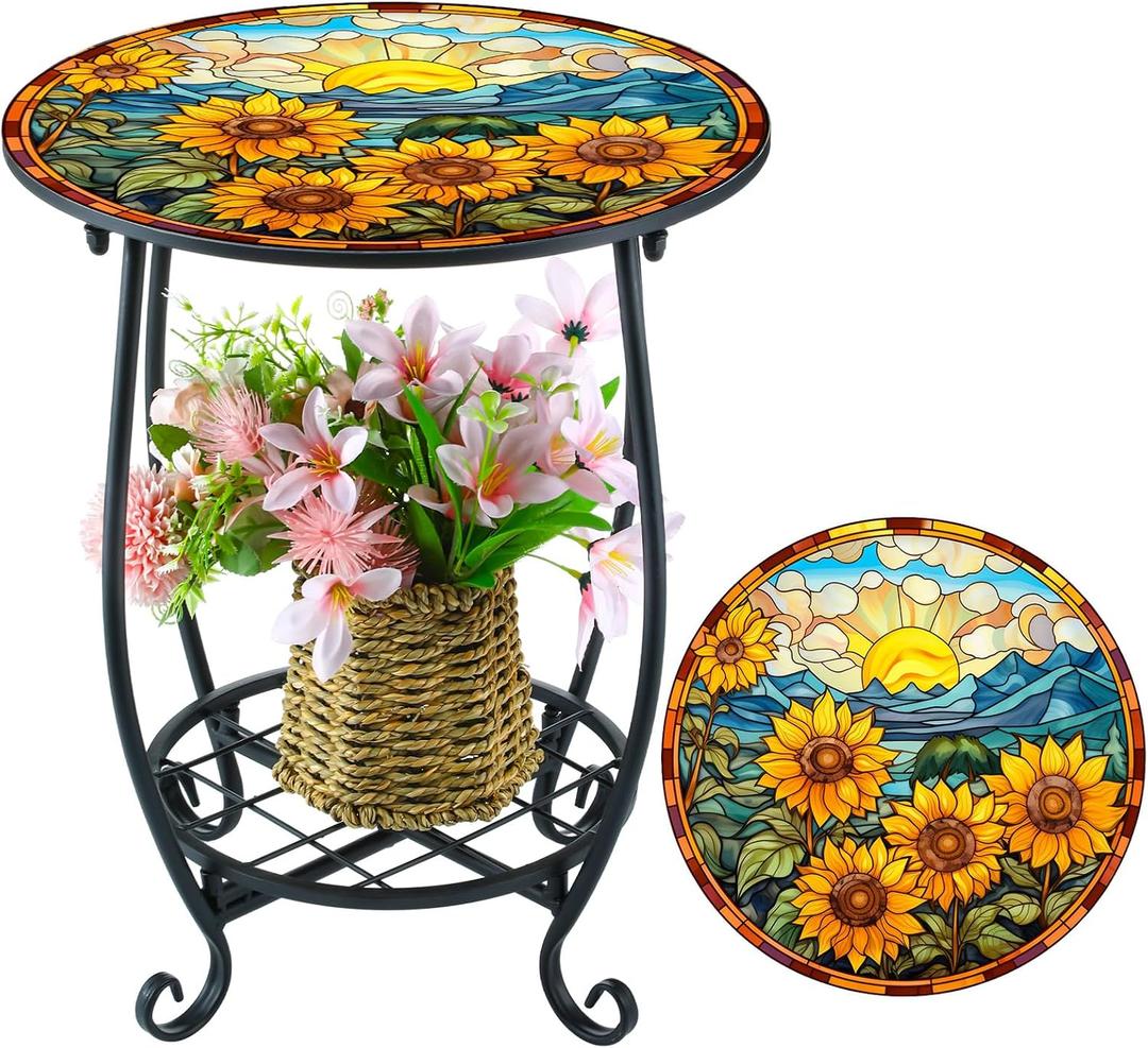 Cinnvoice Outdoor Side Table Round Small Mosaic Patio Accent Indoor End Plant Coffee Tea Table for Yard Patio Porch Garden Living Room, Bedroom(Sunflower Style,14 Inch)