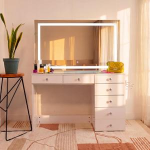 Boahaus Cleo Vanity Desk with LED Lighted Mirror – 7 Drawer Makeup Station with Integrated Power, 58.20" H X 47.20" W X 17.70" D
