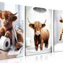 Funny Highland Cow Wall Art Set of 3, Rustic Farmhouse Bathroom Cow Pictures Wall Decor Painting, Brown Cute Cow Animal Canvas Posters Prints for Bathroom Restroom Home Decor Framed 12x16 Inch (16L" x 12W")