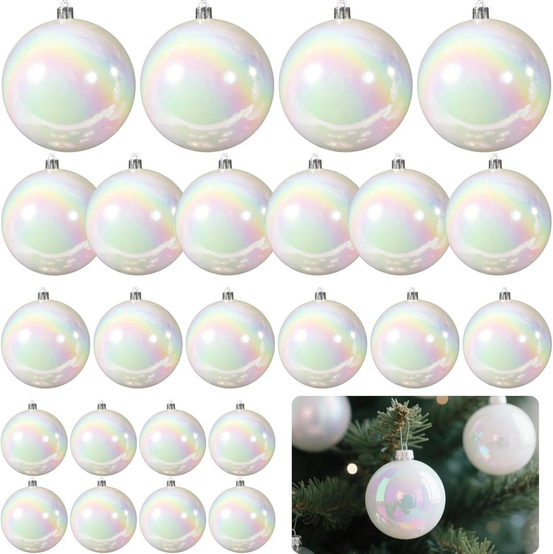 Cayton 24PCS Iridescent Christmas Ornaments Balls, Iridescent Plastic Balls 4 Sizes for Xmas Tree DIY Crafts Wedding Holiday Decorations
