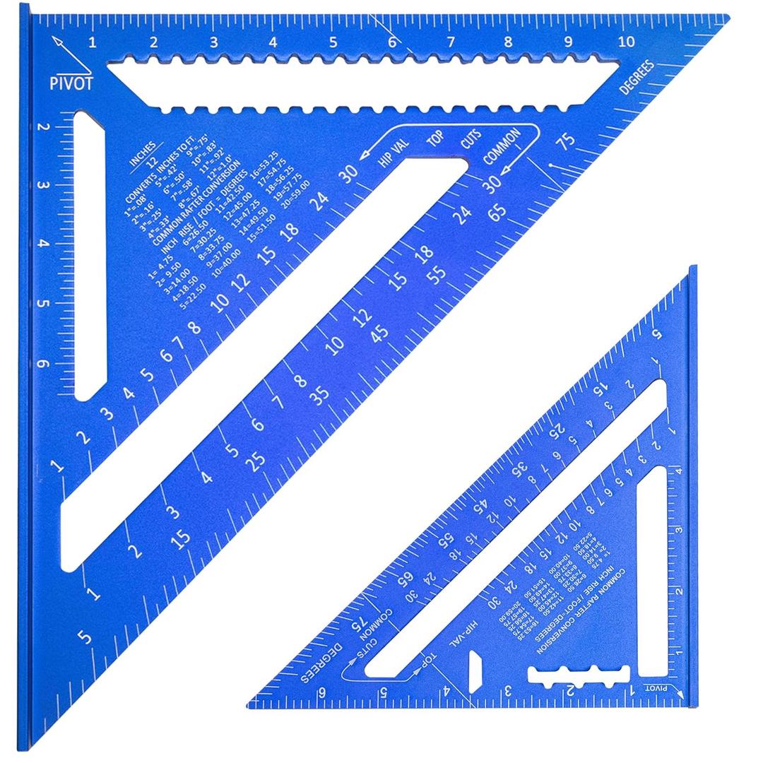 Beslands Aluminum 12 inch & 7 inch Rafter Square Carpenter Set Measuring Layout Tool Alloy Metal Triangle Ruler Protractor for Woodworking and Carpentry Imperial, Blue