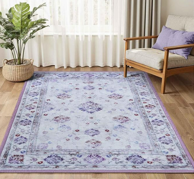 FinRèc 4x6 Rugs for Living Room, Washable Vintage Floral Bedroom Rug, Non-Slip Low Pile Area Rug, Ultra-Thin Foldable Accent Indoor Carpet for Kitchen Dining Kids Room Home Office - Pink and Green