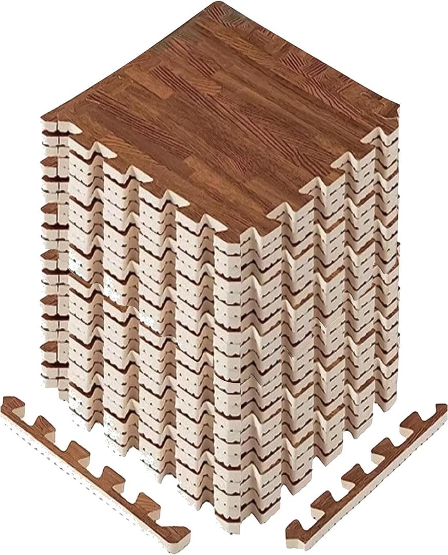Yes4All 12,24,36 SQ.FT Wood Grain Puzzle Exercise Mat Protective Flooring, EVA Interlocking Foam Floor Tiles with Border for Home (B. Oak Wood Dark)