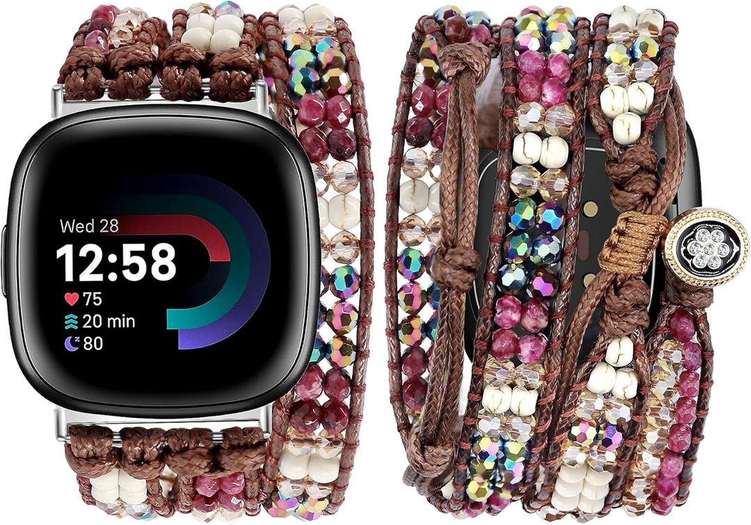 JR.DM Boho Beaded Band Women for Fitbit Versa 4/Versa 3/Sense 2/Sense Bands Natural Stone Bracelet Adjustable Handmade Braided Strap Smartwatch Replacement Wristband