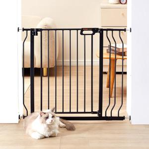 Baby Gate for Stairs, 29.5-43 in Adjustable Width, Baby Gate with Adjustable Cat Door, with Pressure Mount Kit and Wall Mount Kit, Secure Metal Pet Door for Stairs, Doorways, and House, Black