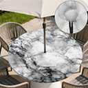 Round Outdoor Tablecloth with Zipper and Umbrella Hole, Fitted Table Cloth with Elastic, Oil Waterproof Tablecover for Patio Picnic Camping Garden Fits 45"-48" Round Table, Gray Marble
