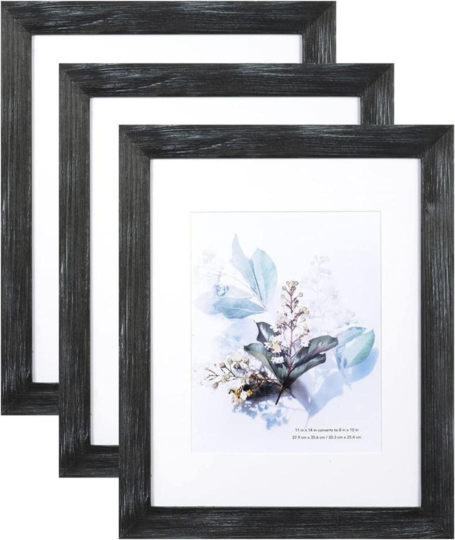 KAIWIN 100% Solid Wood Black 11x14 Picture Frame 3 Pack Display Picture 8x10 with Mat, Rustic Wooden Photo Frames for Wall Mounting