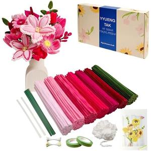 YYUENG TAK 350 Pcs Red & Pink Pipe Cleaners Flower kit with tutoria,Fluffy Yarn,Green Floral Wires,Gardening Tape,Stamen，Pipe Cleaners Craft,Chenille Stems for DIY Art Projects Creative Gift Decor