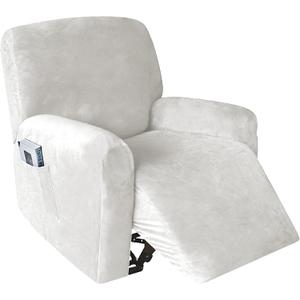 4 Pieces Stretch Velvet Recliner Chair Covers, Thick & Soft Recliner Slipcovers for Home Theater Lazy Chair with Side Pocket (Off White) One
