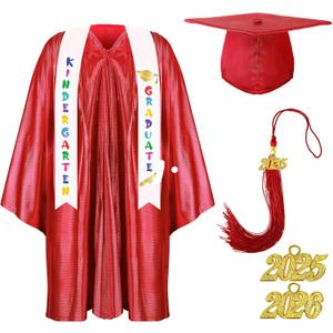 Foaincore 2025 Year Preschool and Kindergarten Graduation Gown Cap Tassel Set with 2025 Charm Printed Stole Grad Gift (27, Red)