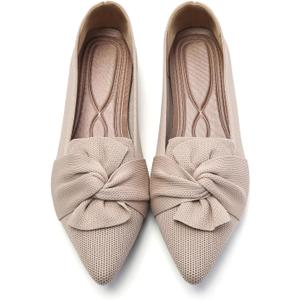 HIULYCENCE Flats for Womens Pointed Toe Ballet Flats with Bow Comfortable Knit Dressy Flats (7, Beige)