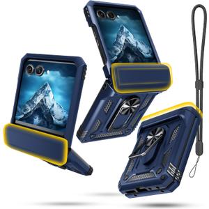 Janmitta Case for Moto Razr 2024/2025/2026,Razr+ Plus 2024/2025/2026 with Lanyard+Hinge Protection+Finger Ring Holder Kickstand,Dual-Layer Full Body Protective Shockproof Phone Cover,Blue