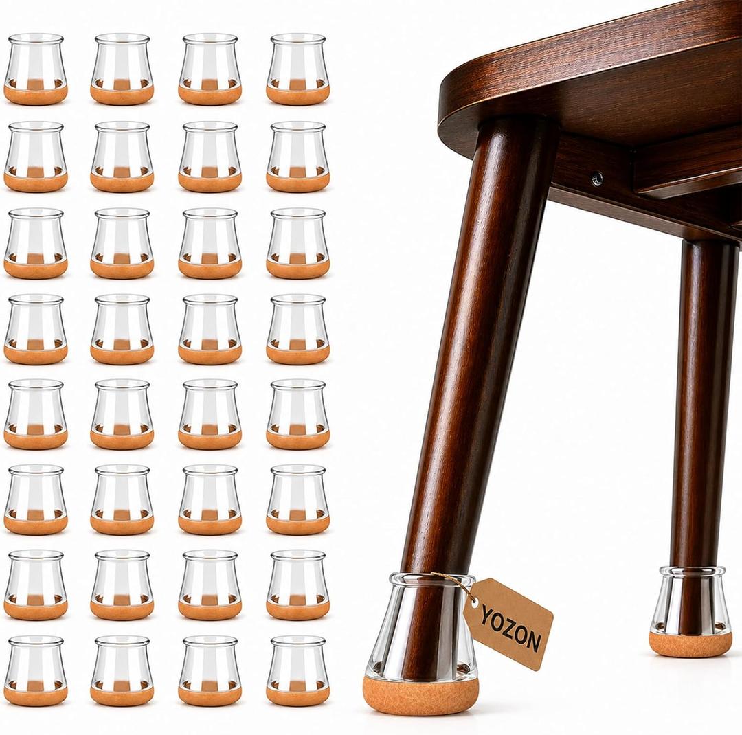 YOZON Chair Leg Floor Protectors for Hardwood Floors Felt Furniture Pads Silicone Caps 32 Pack Anti-Scratch Reduce Noise Clear Round Medium Fit 3/4" to 1-3/16" (19-30mm)