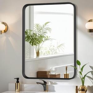 Bathroom Mirror for Wall, 36x24 Inch Rounded Rectangle Mirror, Black Metal Framed Bathroom Vanity Mirror for Restroom Farmhouse, Anti-Rust, Tempered Glass, Horizontally or Vertically Hanging